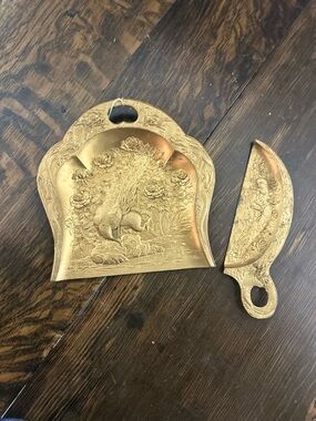 Ornate Gold Brass Crumb Tray - Embossed Floral & Peacock Bird Design